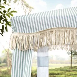 Gabriel Sage Green And White Striped Fringed Cabana 14 Gabriel Sage Green And White Striped Fringed Cabana -Daals Store OD CABA 03 SAGESTRP scene1