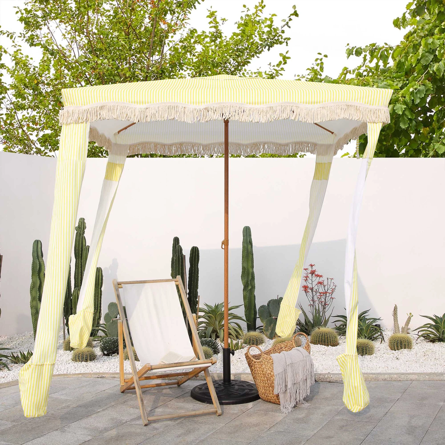 Gabriel Yellow and White Striped Fringed Cabana β Vintage UPF50+ Garden & Beach Parasol 1 Gabriel Yellow and White Striped Fringed Cabana β Vintage UPF50+ Garden & Beach Parasol