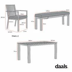 Earlswood Aluminium Washed Wood Effect Dining Set With Bench -Daals Store OD DINE 1001 CHART