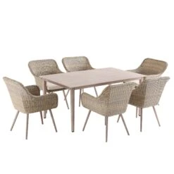 Cliveden Outdoor Aluminium Washed Wood Effect And Round Wicker Rattan 6-Seater Dining Set -Daals Store OD DINE 1007 NAT WB1