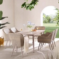 Cliveden Outdoor Aluminium Washed Wood Effect And Round Wicker Rattan 6-Seater Dining Set -Daals Store OD DINE 1007 NAT scene2