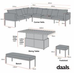 Calabasas Large Outdoor Fabric And Aluminium Corner Casual Dining Set With Rising Table, Taupe 15 Calabasas Large Outdoor Fabric And Aluminium Corner Casual Dining Set With Rising Table, Taupe -Daals Store OD DINE 1027 CHART 2
