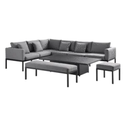 Calabasas Dark Grey & Black Aluminium Corner Dining Set – Large Outdoor Sectional with Rising Table, Bench & Footstool -Daals Store OD DINE 1027 DARKGREY GIF