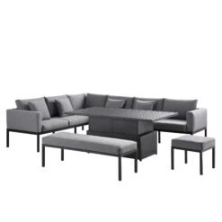 Calabasas Dark Grey & Black Aluminium Corner Dining Set – Large Outdoor Sectional with Rising Table, Bench & Footstool -Daals Store OD DINE 1027 DARKGREY WB1