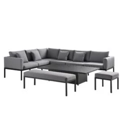 Calabasas Dark Grey & Black Aluminium Corner Dining Set – Large Outdoor Sectional with Rising Table, Bench & Footstool -Daals Store OD DINE 1027 DARKGREY WB2