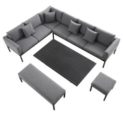 Calabasas Dark Grey & Black Aluminium Corner Dining Set – Large Outdoor Sectional with Rising Table, Bench & Footstool -Daals Store OD DINE 1027 DARKGREY WB3