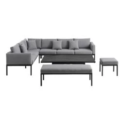 Calabasas Dark Grey & Black Aluminium Corner Dining Set – Large Outdoor Sectional with Rising Table, Bench & Footstool -Daals Store OD DINE 1027 DARKGREY WB4