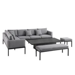 Calabasas Dark Grey & Black Aluminium Corner Dining Set – Large Outdoor Sectional with Rising Table, Bench & Footstool -Daals Store OD DINE 1027 DARKGREY WB5