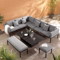 Calabasas Dark Grey & Black Aluminium Corner Dining Set – Large Outdoor Sectional with Rising Table, Bench & Footstool -Daals Store OD DINE 1027 DARKGREY scene1