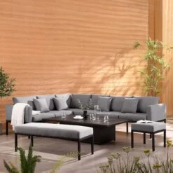 Calabasas Dark Grey & Black Aluminium Corner Dining Set – Large Outdoor Sectional with Rising Table, Bench & Footstool -Daals Store OD DINE 1027 DARKGREY scene2