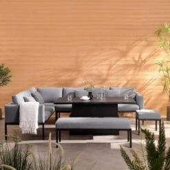 Calabasas Dark Grey & Black Aluminium Corner Dining Set – Large Outdoor Sectional with Rising Table, Bench & Footstool -Daals Store OD DINE 1027 DARKGREY scene3