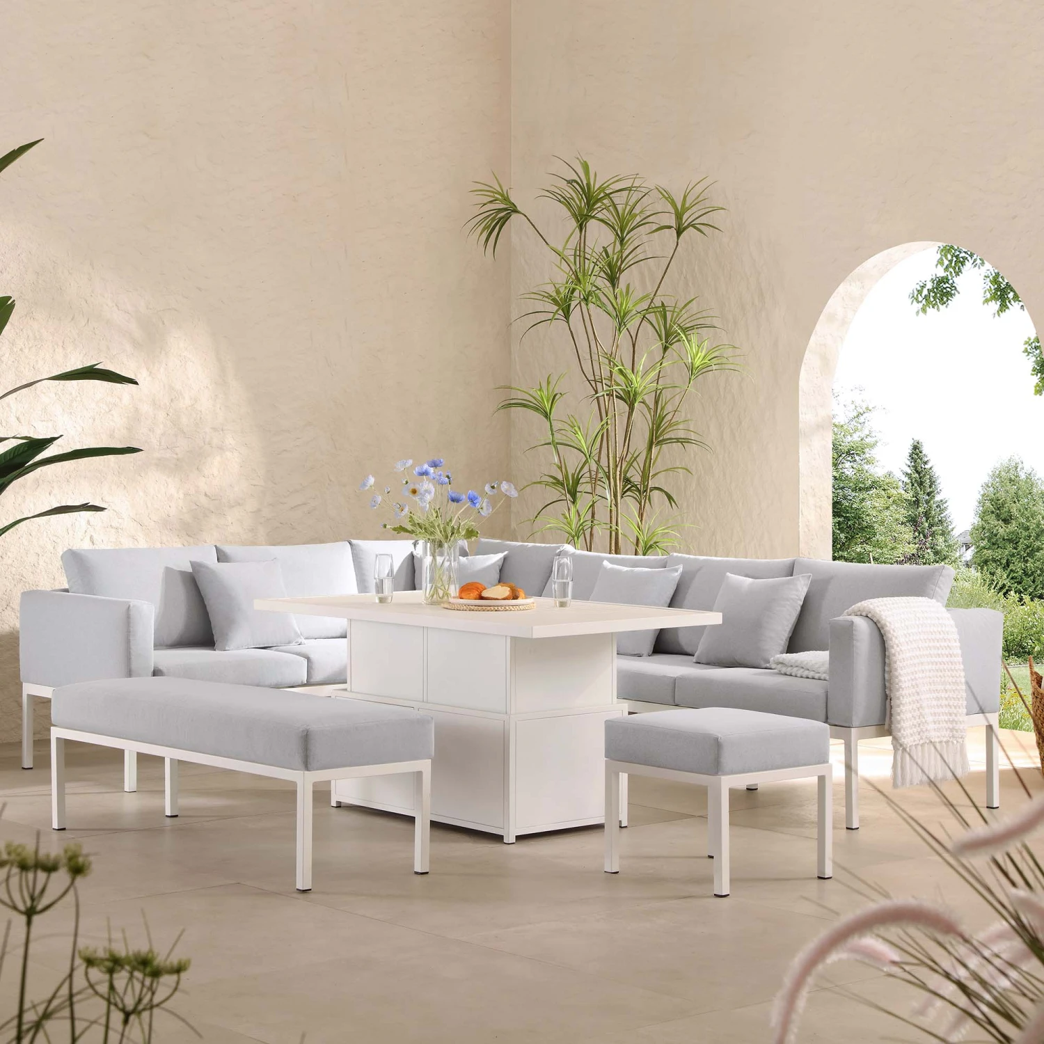 Calabasas Large Outdoor Fabric And Aluminium Corner Casual Dining Set With Rising Table, Light Grey 1 Calabasas Large Outdoor Fabric And Aluminium Corner Casual Dining Set With Rising Table, Light Grey