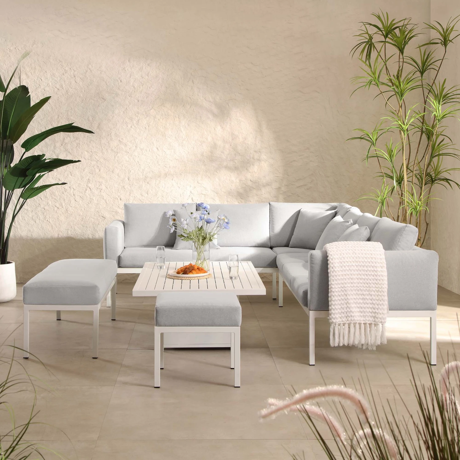 Calabasas Large Outdoor Fabric And Aluminium Corner Casual Dining Set With Rising Table, Light Grey 2 Calabasas Large Outdoor Fabric And Aluminium Corner Casual Dining Set With Rising Table, Light Grey - Image 2