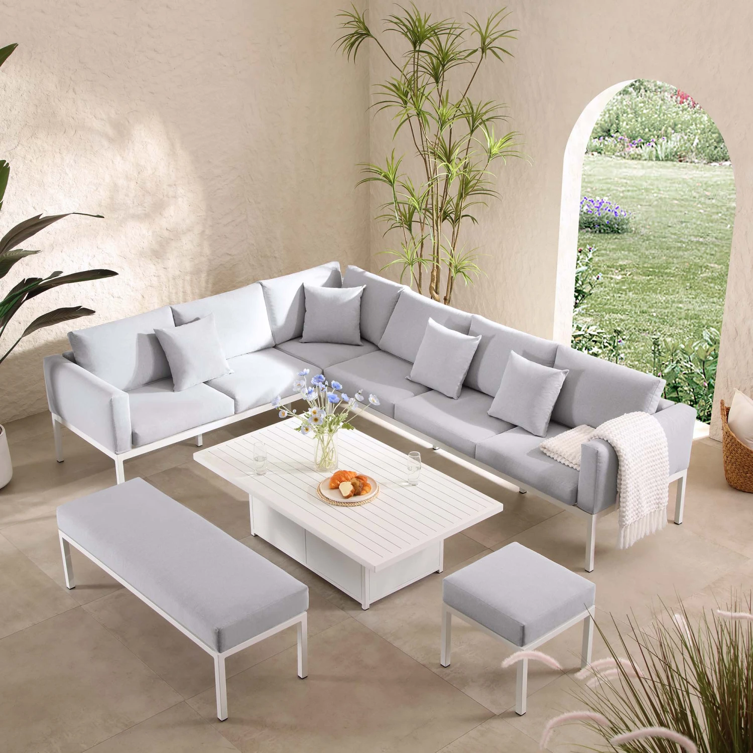 Calabasas Large Outdoor Fabric And Aluminium Corner Casual Dining Set With Rising Table, Light Grey 3 Calabasas Large Outdoor Fabric And Aluminium Corner Casual Dining Set With Rising Table, Light Grey - Image 3