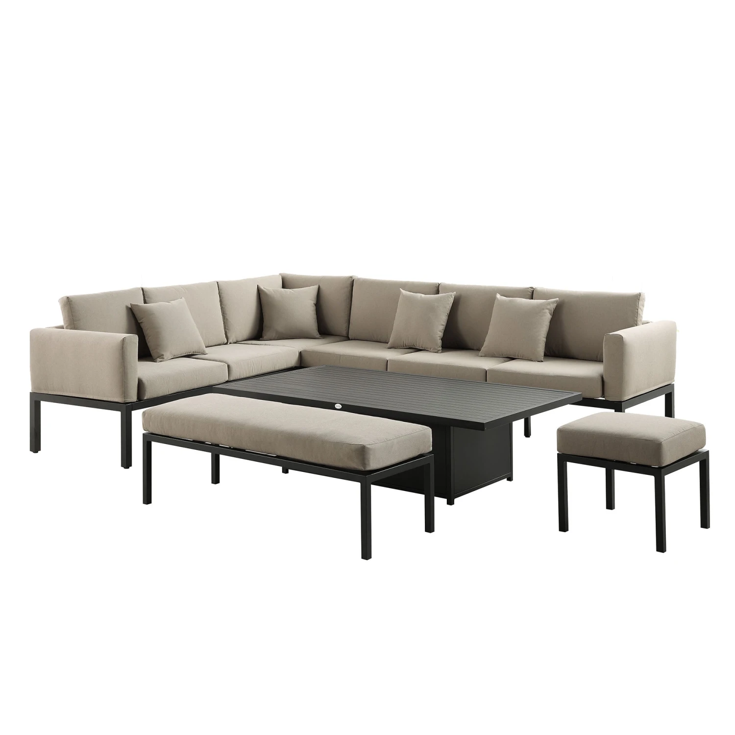 Calabasas Large Outdoor Fabric And Aluminium Corner Casual Dining Set With Rising Table, Taupe 5 Calabasas Large Outdoor Fabric And Aluminium Corner Casual Dining Set With Rising Table, Taupe - Image 5