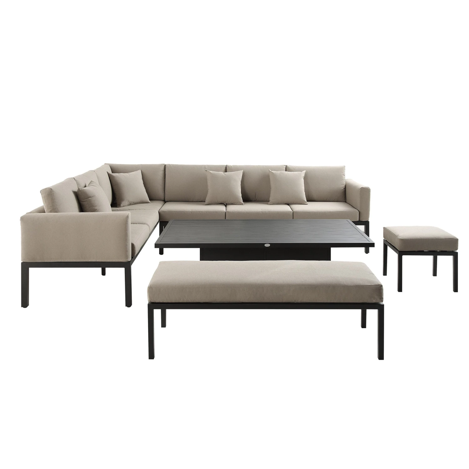 Calabasas Large Outdoor Fabric And Aluminium Corner Casual Dining Set With Rising Table, Taupe 8 Calabasas Large Outdoor Fabric And Aluminium Corner Casual Dining Set With Rising Table, Taupe - Image 8