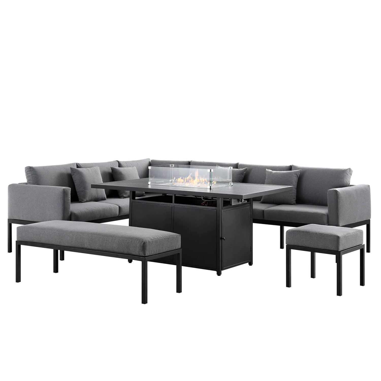 Calabasas Large Outdoor Fabric And Aluminium Corner Casual Dining Set With Firepit Table, Dark Grey 4 Calabasas Large Outdoor Fabric And Aluminium Corner Casual Dining Set With Firepit Table, Dark Grey - Image 4