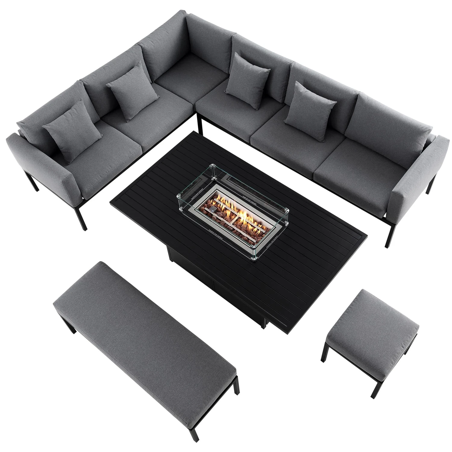 Calabasas Large Outdoor Fabric And Aluminium Corner Casual Dining Set With Firepit Table, Dark Grey 5 Calabasas Large Outdoor Fabric And Aluminium Corner Casual Dining Set With Firepit Table, Dark Grey - Image 5