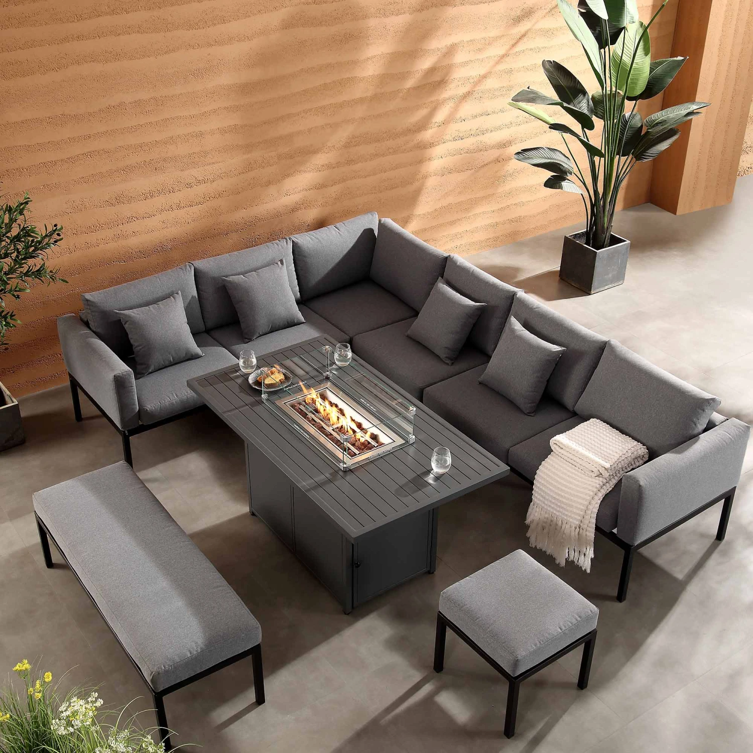 Calabasas Large Outdoor Fabric And Aluminium Corner Casual Dining Set With Firepit Table, Dark Grey 2 Calabasas Large Outdoor Fabric And Aluminium Corner Casual Dining Set With Firepit Table, Dark Grey - Image 2