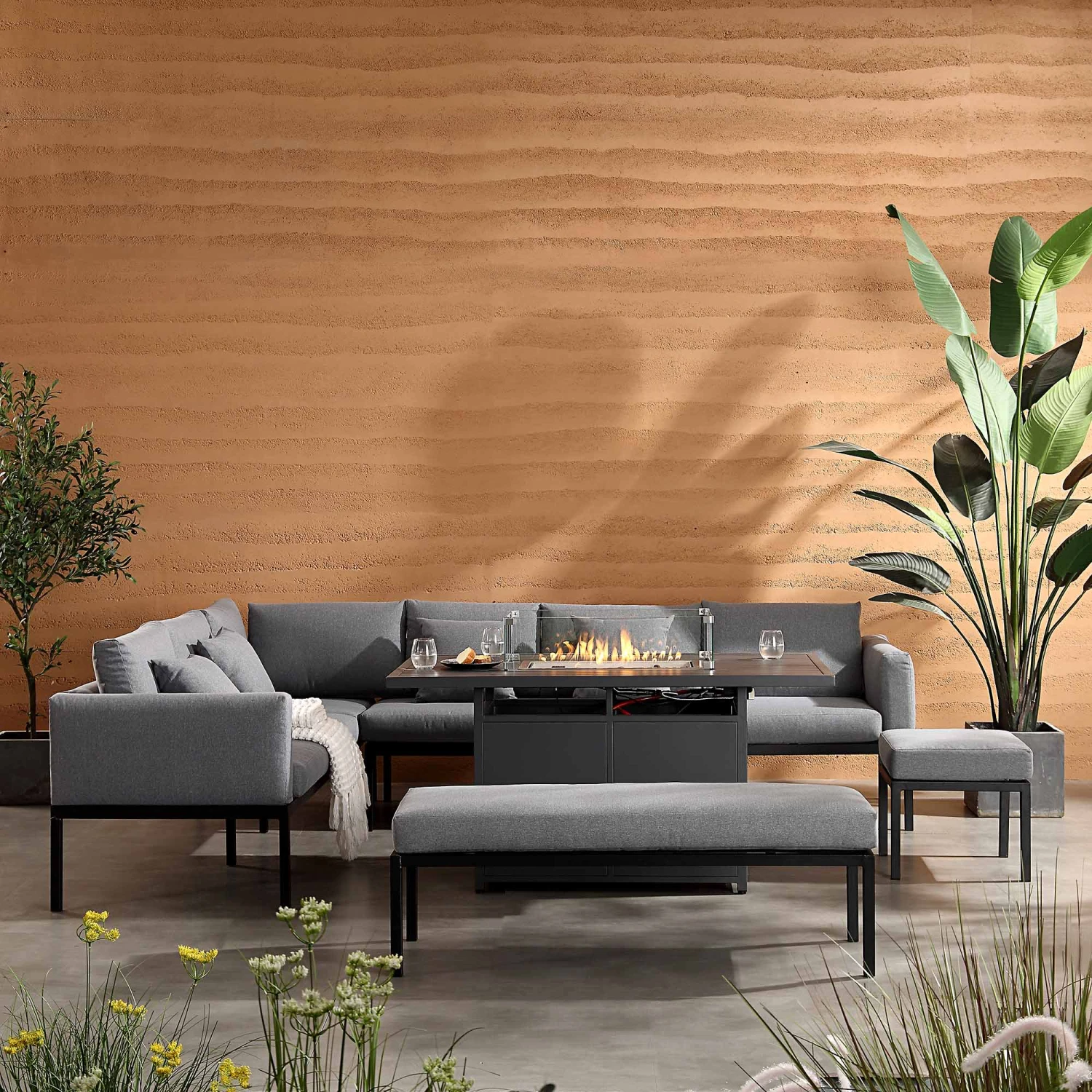 Calabasas Large Outdoor Fabric And Aluminium Corner Casual Dining Set With Firepit Table, Dark Grey 3 Calabasas Large Outdoor Fabric And Aluminium Corner Casual Dining Set With Firepit Table, Dark Grey - Image 3