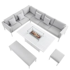 Calabasas Large Outdoor Fabric And Aluminium Corner Casual Dining Set With Firepit Table, Light Grey -Daals Store OD DINE 1028 LIGHTGREY WB2