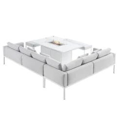 Calabasas Large Outdoor Fabric And Aluminium Corner Casual Dining Set With Firepit Table, Light Grey -Daals Store OD DINE 1028 LIGHTGREY WB4