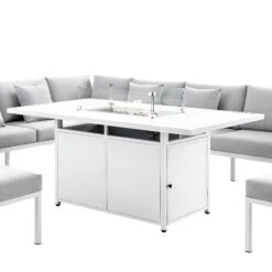 Calabasas Large Outdoor Fabric And Aluminium Corner Casual Dining Set With Firepit Table, Light Grey -Daals Store OD DINE 1028 LIGHTGREY detail1