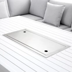 Calabasas Large Outdoor Fabric And Aluminium Corner Casual Dining Set With Firepit Table, Light Grey -Daals Store OD DINE 1028 LIGHTGREY detail4