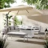 Calabasas Large Outdoor Fabric And Aluminium Corner Casual Dining Set With Firepit Table, Light Grey -Daals Store OD DINE 1028 LIGHTGREY main