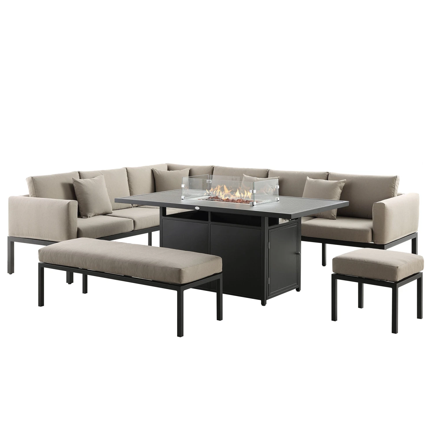 Calabasas Large Outdoor Fabric And Aluminium Corner Casual Dining Set With Firepit Table, Taupe 2 Calabasas Large Outdoor Fabric And Aluminium Corner Casual Dining Set With Firepit Table, Taupe - Image 2