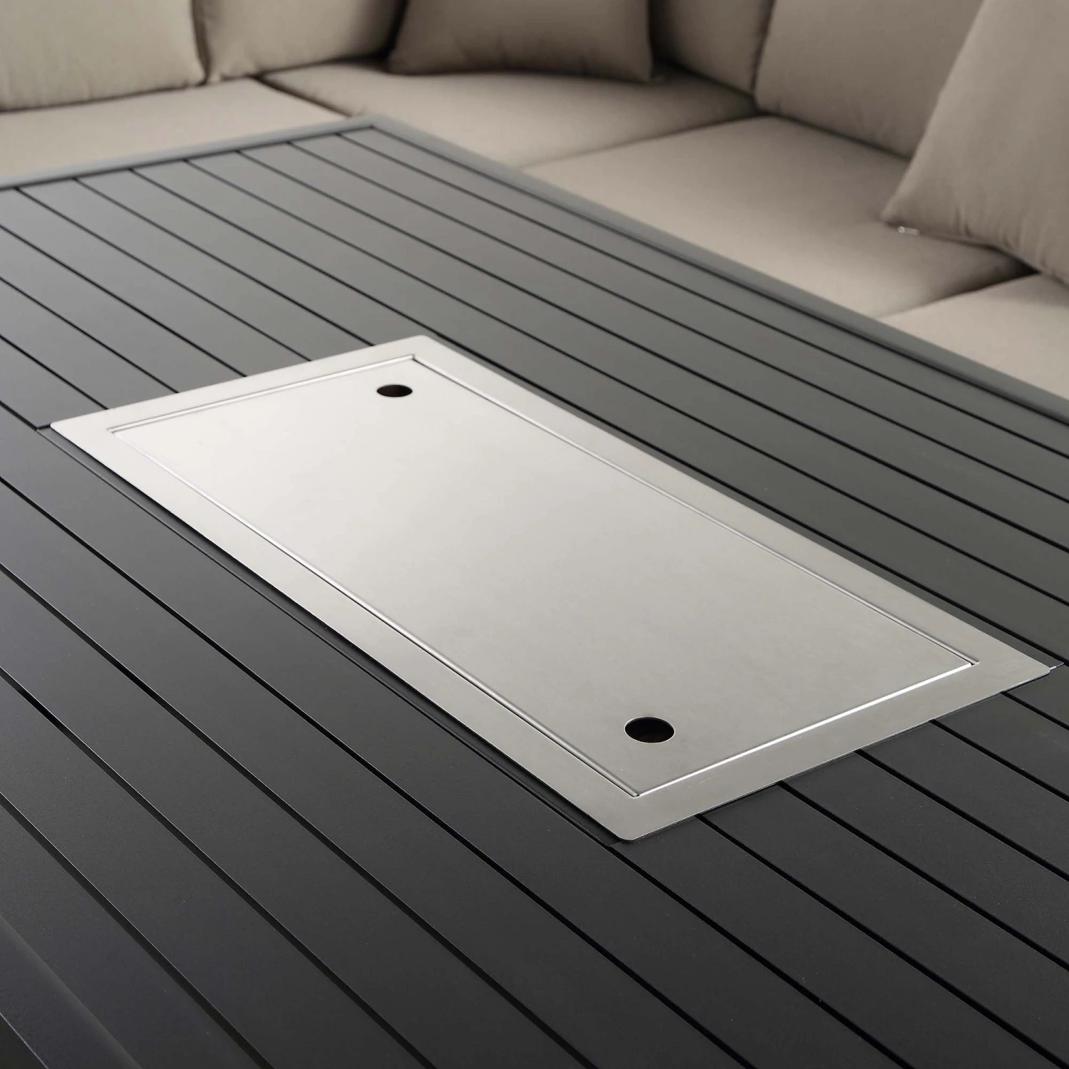 Calabasas Large Outdoor Fabric And Aluminium Corner Casual Dining Set With Firepit Table, Taupe 11 Calabasas Large Outdoor Fabric And Aluminium Corner Casual Dining Set With Firepit Table, Taupe - Image 11