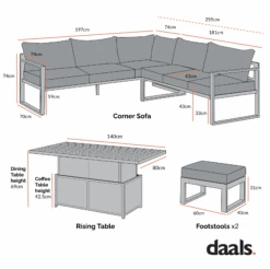Albany White Aluminium Large Corner Dining Set with Adjustable Rising Table & Grey Cushions -Daals Store OD DINE 1045 CHART 1