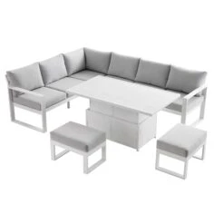 Albany White Aluminium Large Corner Dining Set with Adjustable Rising Table & Grey Cushions -Daals Store OD DINE 1045 WHITE WB3