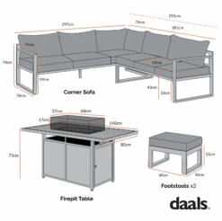 Albany Large Corner Aluminium Dining Set with Firepit Table – Taupe & Matte Black Garden Lounge Set -Daals Store OD DINE 1046 CHART 1