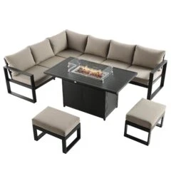 Albany Large Corner Aluminium Dining Set with Firepit Table – Taupe & Matte Black Garden Lounge Set -Daals Store OD DINE 1046 TAUPE WB2