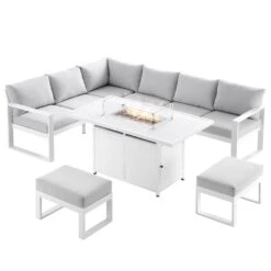 Albany Aluminium Large Corner Casual Dining Set With Firepit Table, White -Daals Store OD DINE 1046 WHITE WB1