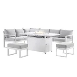 Albany Aluminium Large Corner Casual Dining Set With Firepit Table, White -Daals Store OD DINE 1046 WHITE WB4