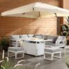 Albany White Aluminium Large Corner Garden Dining Set with Integrated Firepit Table & Light Grey Cushions