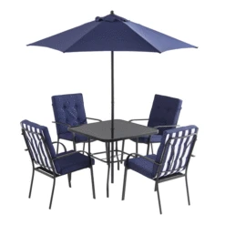 Champneys 4-Seater Steel And Fabric Outdoor Patio Dining Set With Parasol, Navy Blue -Daals Store OD DINE 1048 BLUE GIF