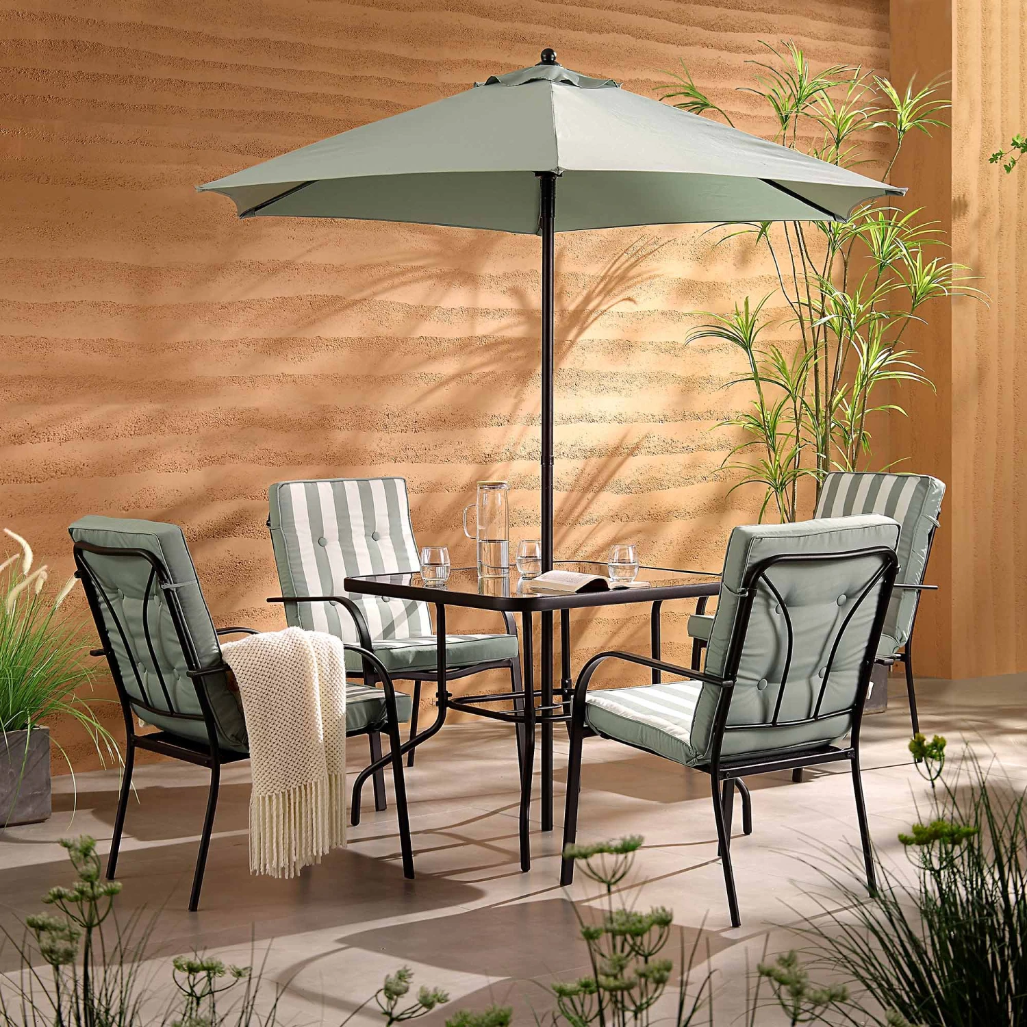 Champneys 4-Seater Steel And Fabric Outdoor Patio Dining Set With Parasol, Sage Green 1 Champneys 4-Seater Steel And Fabric Outdoor Patio Dining Set With Parasol, Sage Green