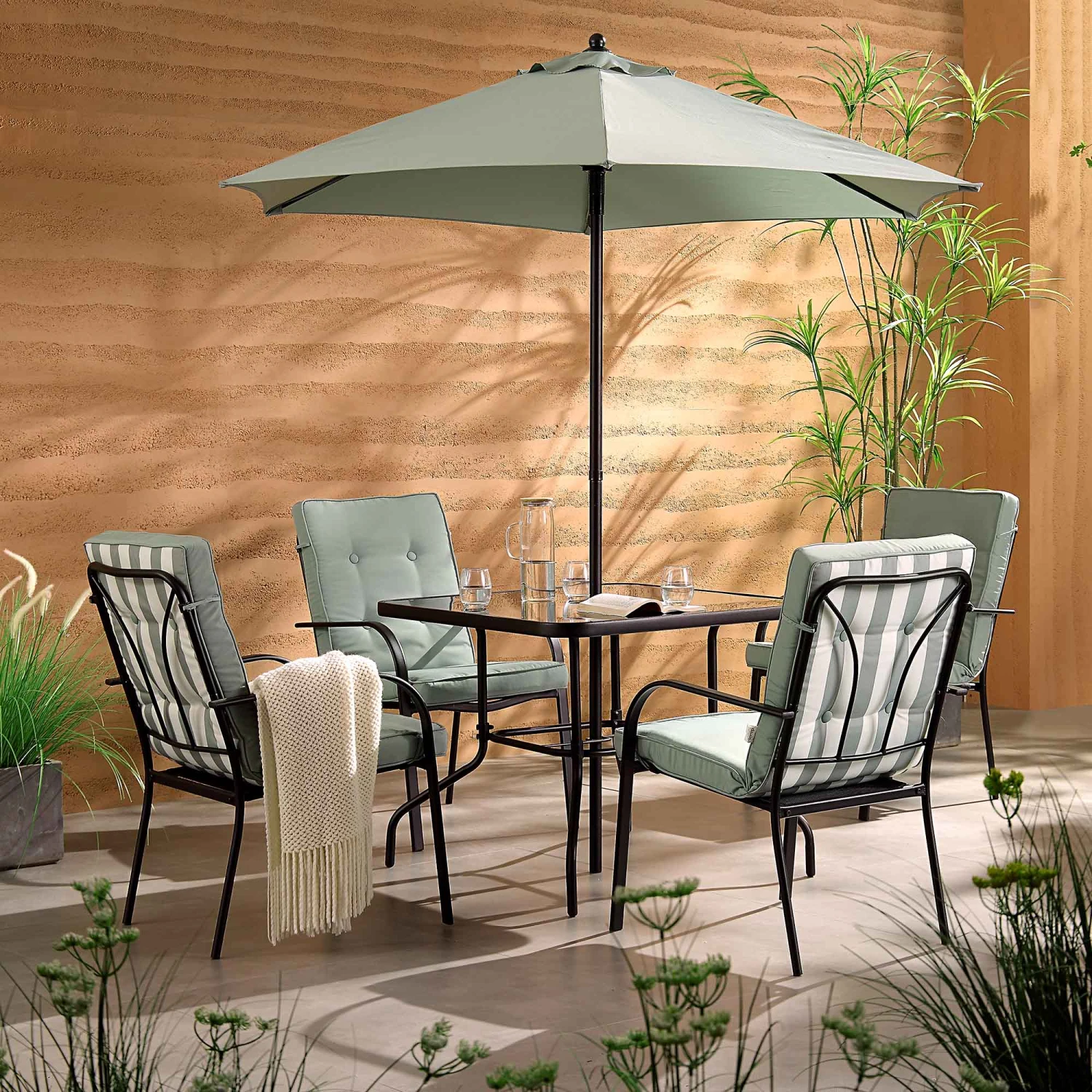 Champneys 4-Seater Steel And Fabric Outdoor Patio Dining Set With Parasol, Sage Green 2 Champneys 4-Seater Steel And Fabric Outdoor Patio Dining Set With Parasol, Sage Green - Image 2