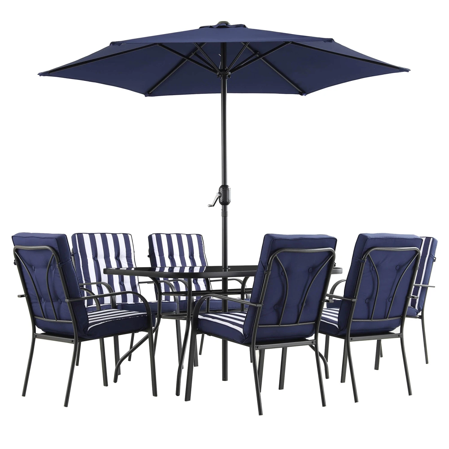 Champneys 6-Seater Steel And Fabric Outdoor Patio Dining Set With Crank Parasol, Blue 5 Champneys 6-Seater Steel And Fabric Outdoor Patio Dining Set With Crank Parasol, Blue - Image 5