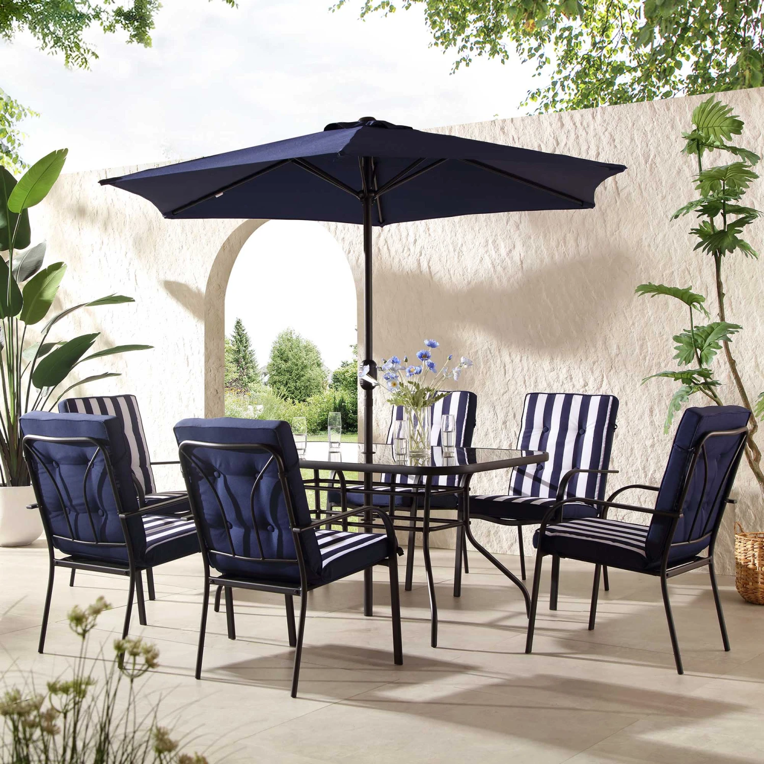 Champneys 6-Seater Steel And Fabric Outdoor Patio Dining Set With Crank Parasol, Blue 1 Champneys 6-Seater Steel And Fabric Outdoor Patio Dining Set With Crank Parasol, Blue
