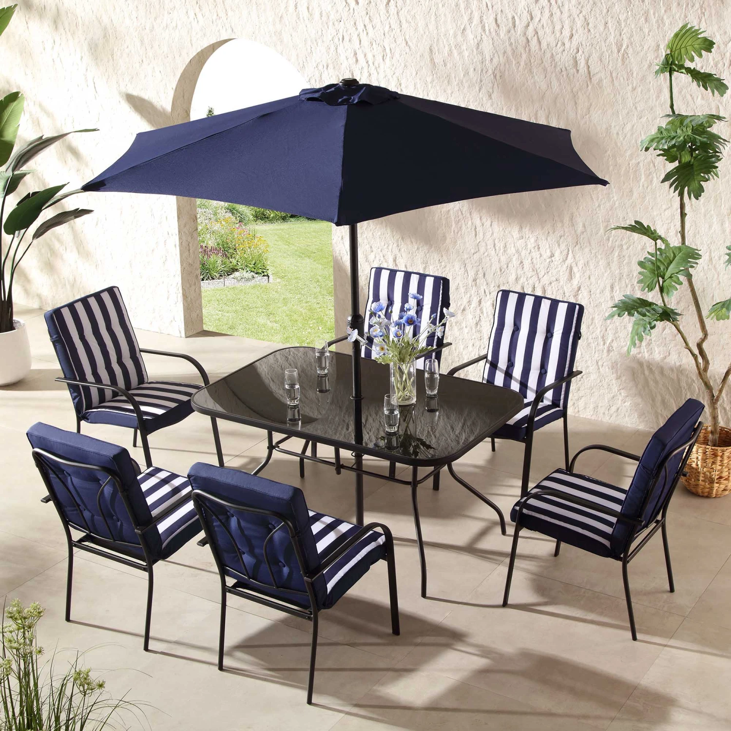 Champneys 6-Seater Steel And Fabric Outdoor Patio Dining Set With Crank Parasol, Blue 2 Champneys 6-Seater Steel And Fabric Outdoor Patio Dining Set With Crank Parasol, Blue - Image 2
