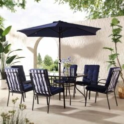 Champneys 6-Seater Steel And Fabric Outdoor Patio Dining Set With Crank Parasol, Blue 17 Champneys 6-Seater Steel And Fabric Outdoor Patio Dining Set With Crank Parasol, Blue -Daals Store OD DINE 1049 BLUE scene2