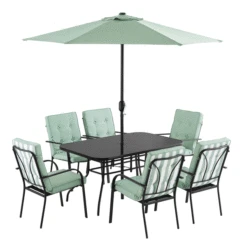 Champneys 6-Seater Steel And Fabric Outdoor Patio Dining Set With Crank Parasol, Sage Green -Daals Store OD DINE 1049 GREEN GIF
