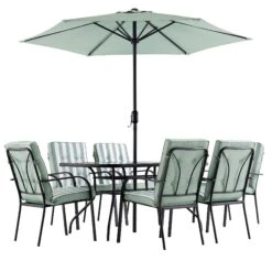 Champneys 6-Seater Steel And Fabric Outdoor Patio Dining Set With Crank Parasol, Sage Green -Daals Store OD DINE 1049 SAGE WB4