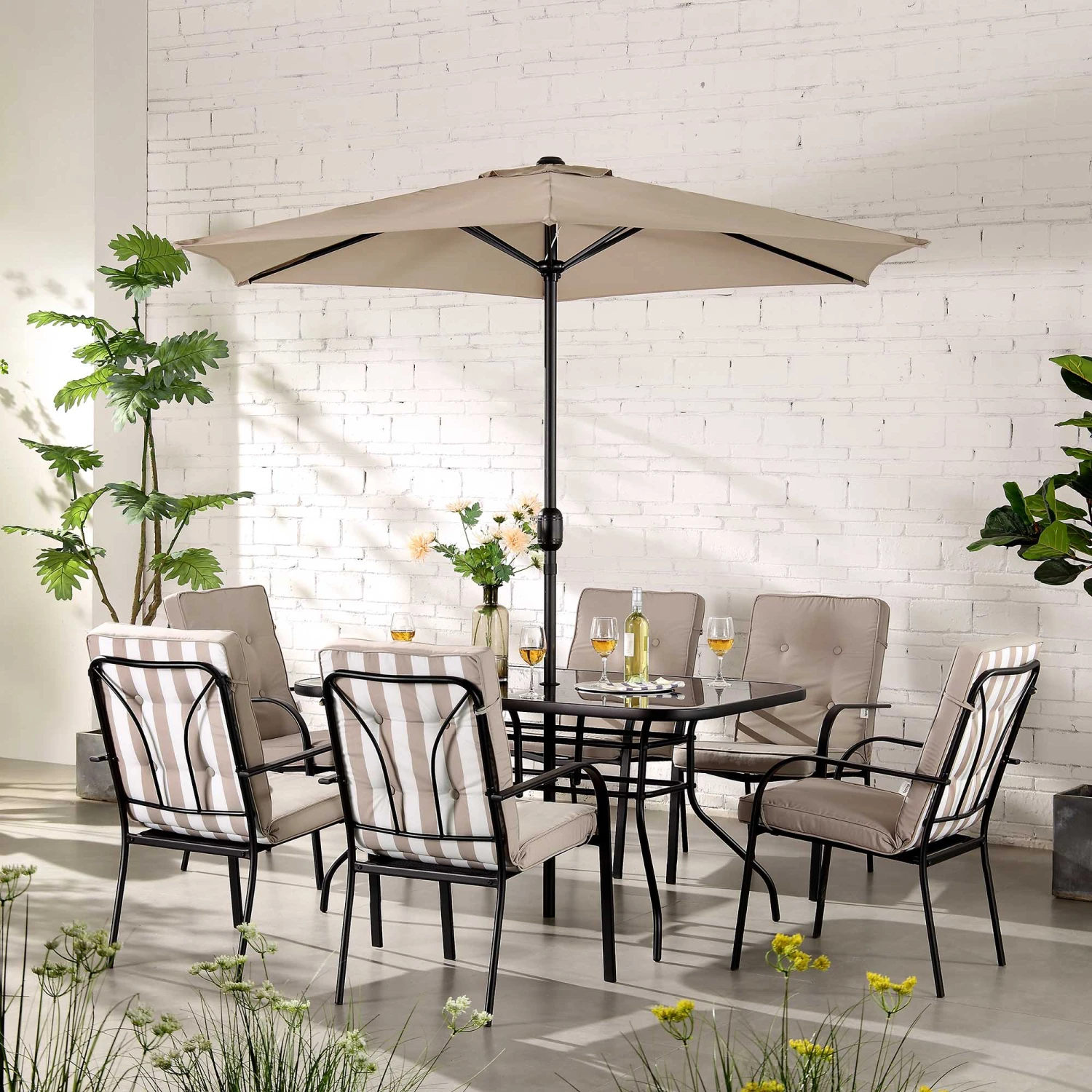 Champneys 6-Seater Steel And Fabric Outdoor Patio Dining Set With Crank Parasol, Taupe 2 Champneys 6-Seater Steel And Fabric Outdoor Patio Dining Set With Crank Parasol, Taupe - Image 2
