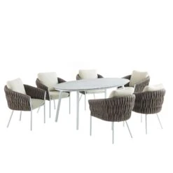 Montebello White and Taupe Rope β Marble Ceramic Oval 6-Seater Dining Set 15 Montebello White and Taupe Rope β Marble Ceramic Oval 6-Seater Dining Set -Daals Store OD DINE 1072 WHITE WB1