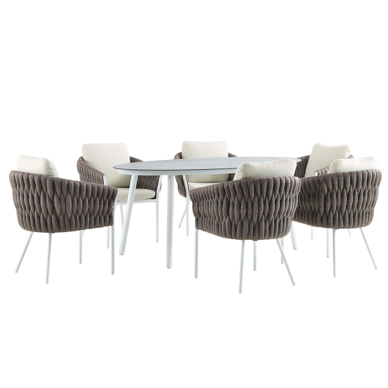 Montebello White and Taupe Rope β Marble Ceramic Oval 6-Seater Dining Set 8 Montebello White and Taupe Rope β Marble Ceramic Oval 6-Seater Dining Set - Image 8